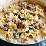 Cheesy Beef And Bowtie Pasta In Garlic Butter