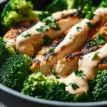 Grilled Chicken & Broccoli Bowls with Creamy Garlic Sauce