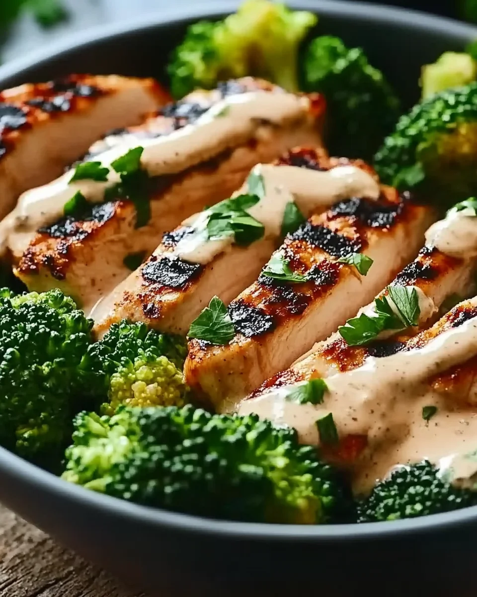 Grilled Chicken & Broccoli Bowls with Creamy Garlic Sauce Grilled