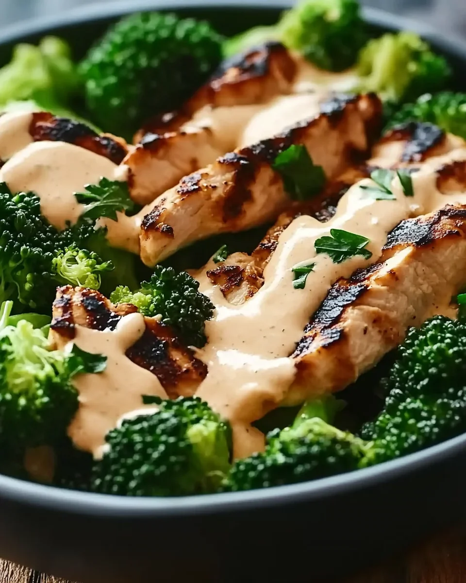 Grilled Chicken & Broccoli Bowls with Creamy Garlic Sauce Grilled