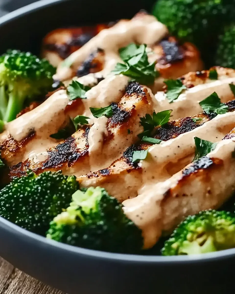 Grilled Chicken & Broccoli Bowls with Creamy Garlic Sauce Grilled