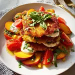 Corn Fritter Caprese with Peaches and Tomatoes