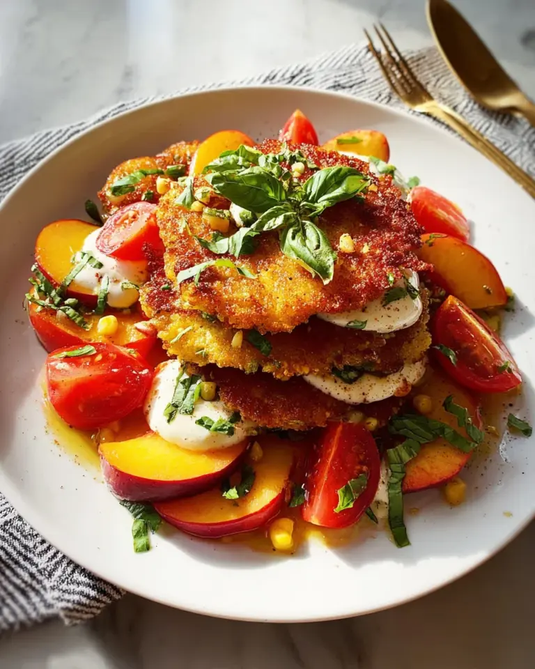 Corn Fritter Caprese with Peaches and Tomatoes
