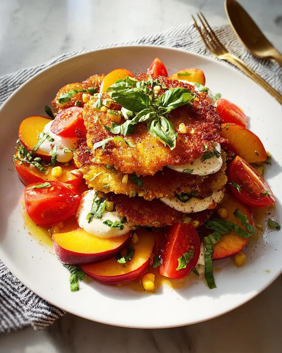 Corn Fritter Caprese with Peaches and Tomatoes