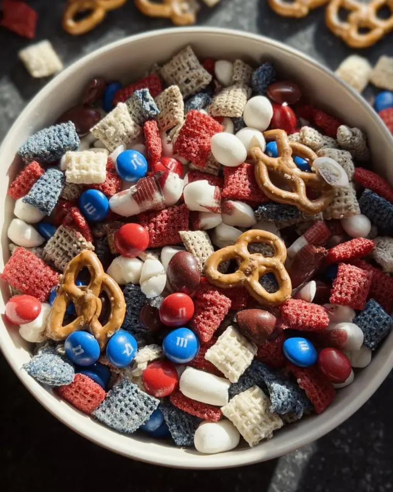 Red, white, and blue snack mix