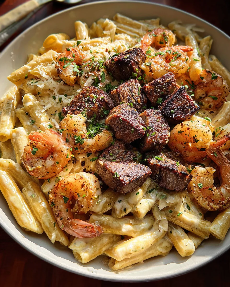 Blackened Steak and Shrimp Alfredo