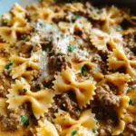 Cheesy Beef and Bowtie Pasta in Garlic Butter