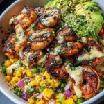 Grilled Shrimp Bowl with Avocado, Corn Salsa & Creamy Garlic Sauce