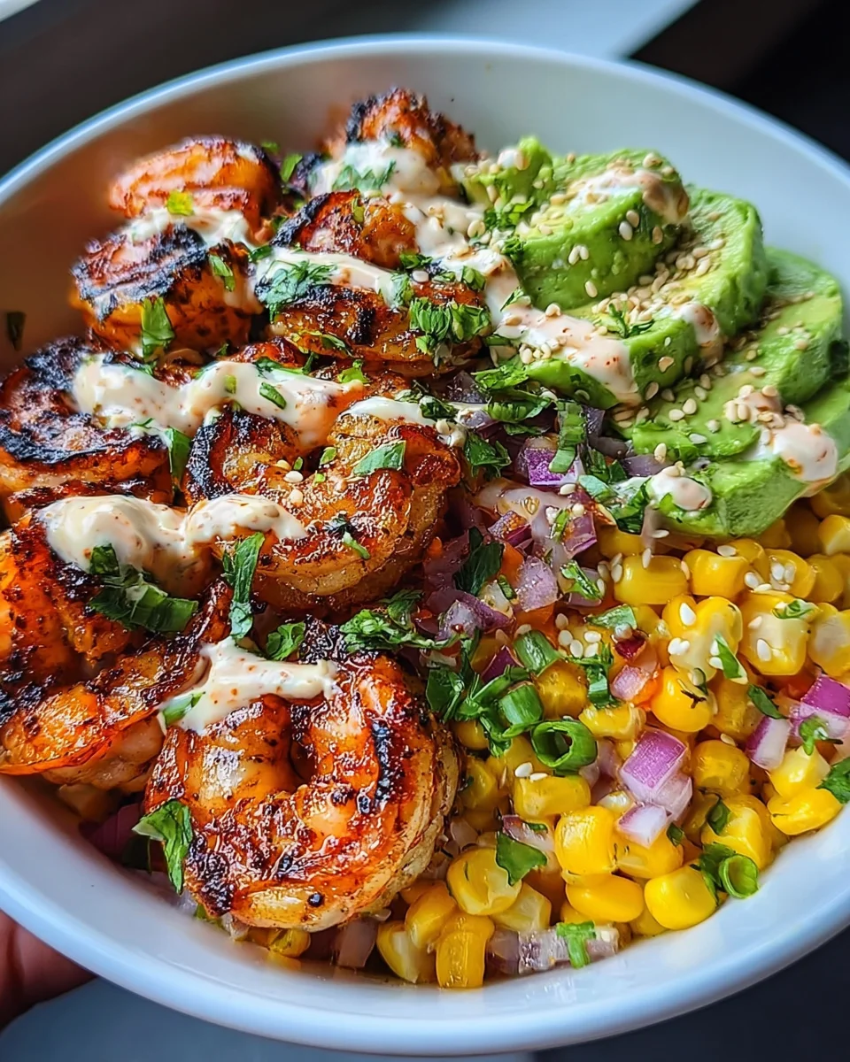 Grilled Shrimp Bowl with Avocado, Corn Salsa & Creamy Garlic Sauce 24 Grilled