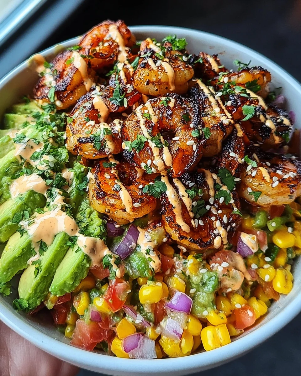 Grilled Shrimp Bowl with Avocado, Corn Salsa & Creamy Garlic Sauce 25 Grilled
