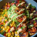 Grilled Shrimp Bowl with Avocado, Corn Salsa & Creamy Sauce