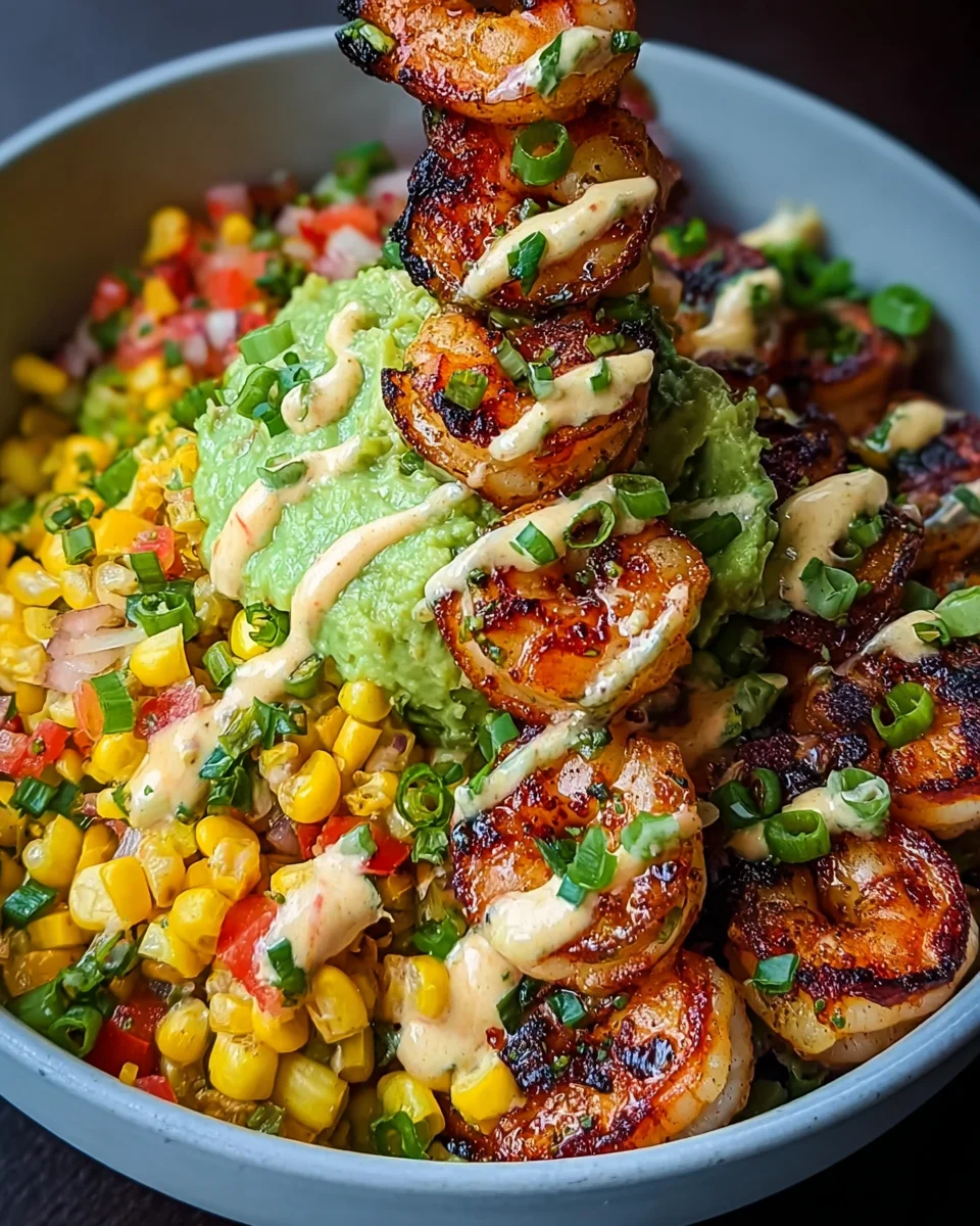 Grilled Shrimp Bowl with Avocado, Corn Salsa & Creamy Sauce