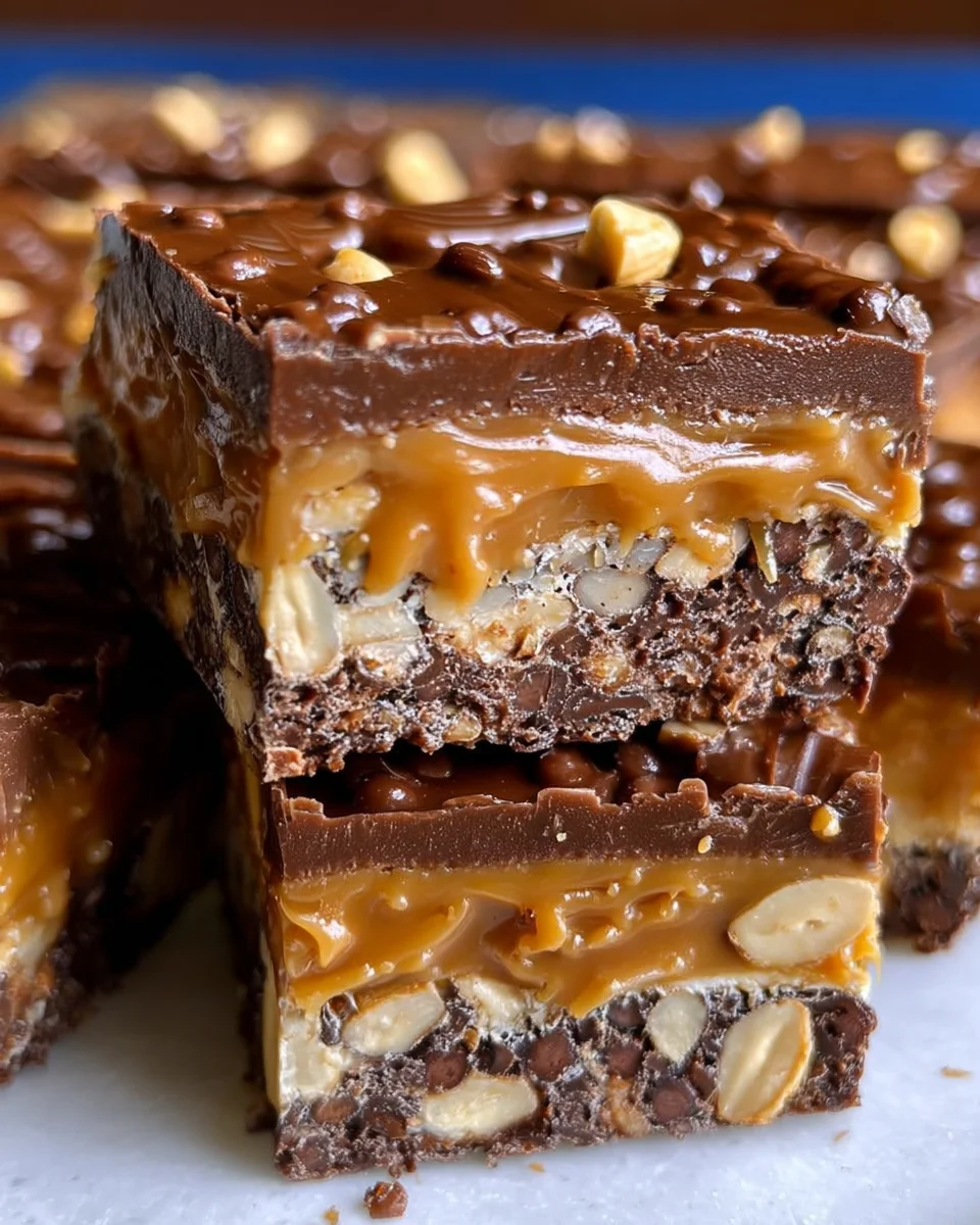 No Bake Crispy Snickers Bars