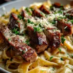 Steak and Creamy Garlic Parmesan Pasta
