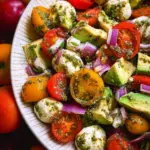Tomato Cucumber Avocado Salad with Mozzarella and Basil Pesto