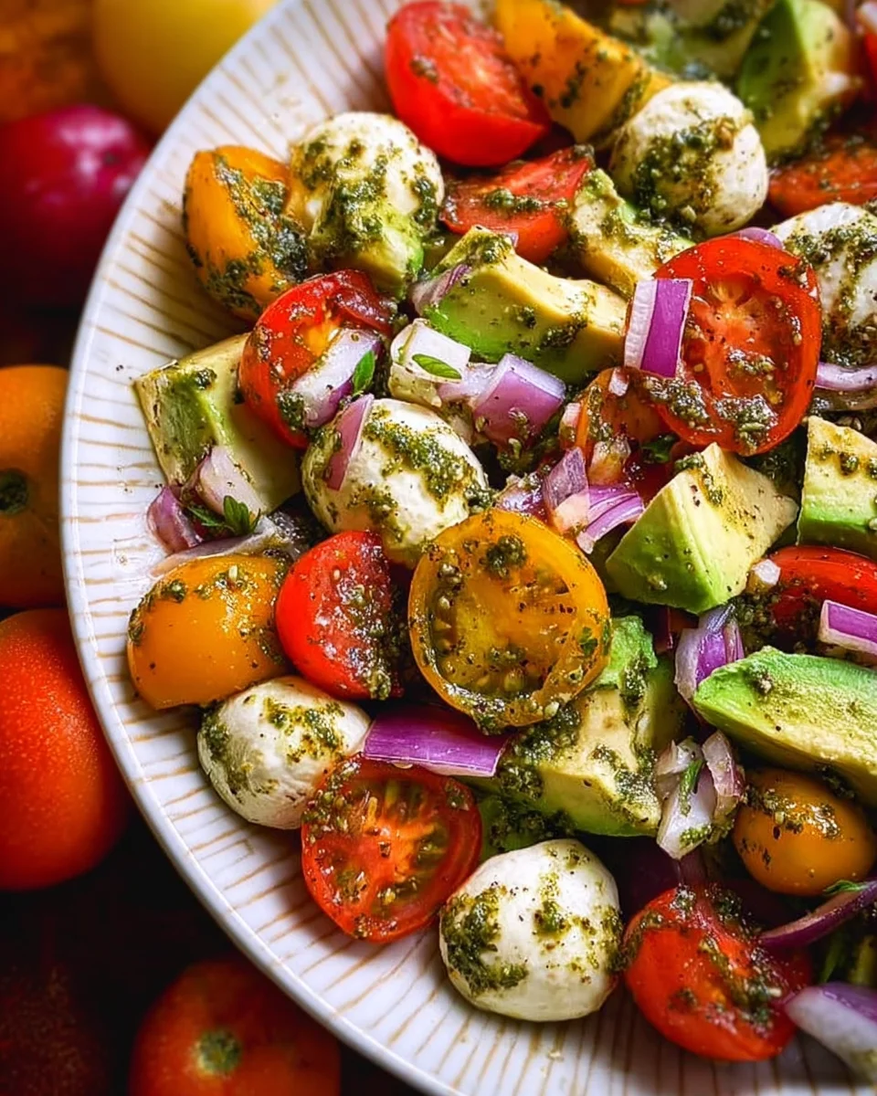 Tomato Cucumber Avocado Salad with Mozzarella and Basil Pesto
