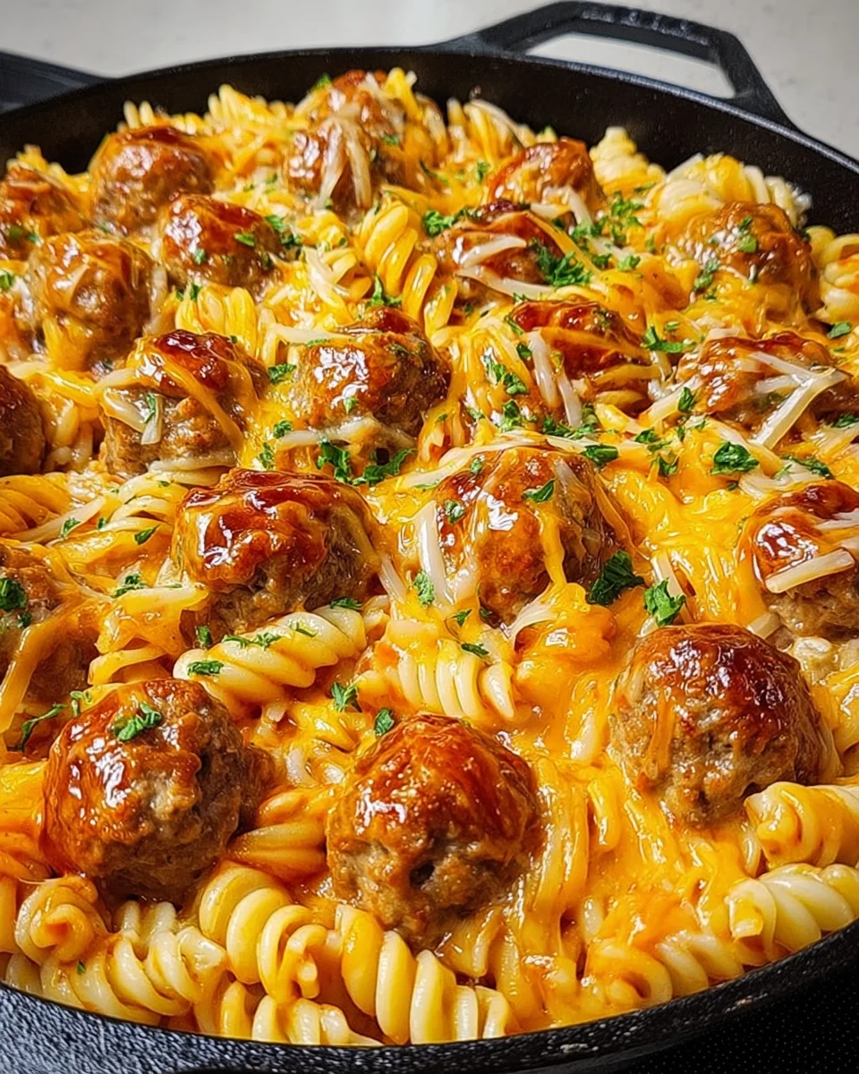 BBQ Ranch Meatball & Cheddar Pasta Skillet