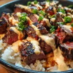 Korean BBQ Steak Rice Bowls with Spicy Cream Sauce