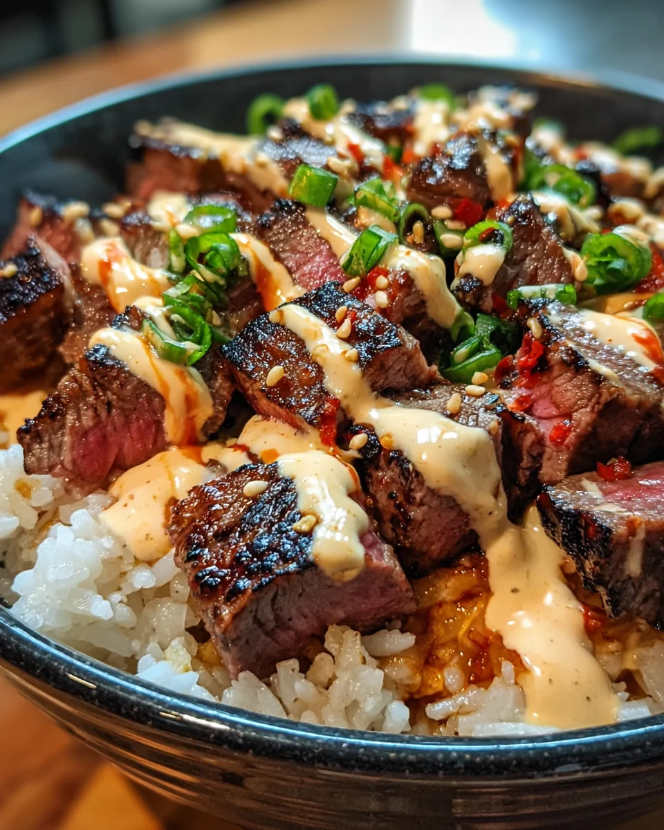 Korean BBQ Steak Rice Bowls with Spicy Cream Sauce